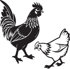 Fototapeta premium Vector-style black and white drawing featuring a rooster and hen, highlighting their silhouettes in a minimalist design