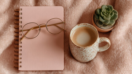 Flat lay of aesthetically arranged lifestyle objects including notebooks, coffee cup, and glasses on a soft textured pastel background