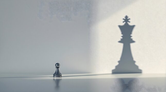 A pawn's transformation conceptual chess piece and king shadow symbolic achievement and ambition