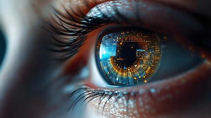 Detailed human eye with futuristic digital city reflection depicting advanced technology