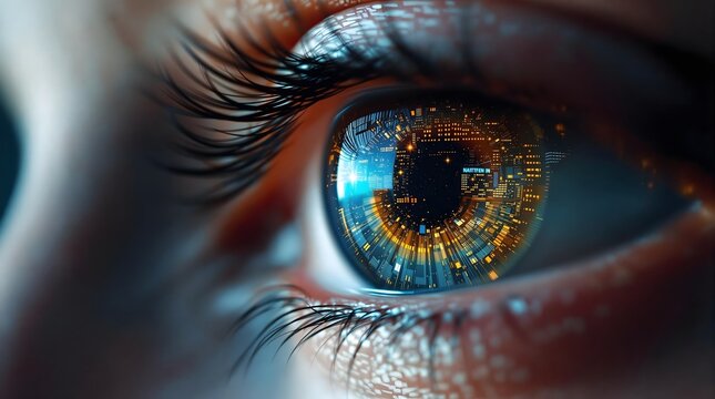 Detailed human eye with futuristic digital city reflection depicting advanced technology