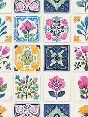 Colorful portuguese azulejo tile pattern repeating decorative floral motifs in vibrant blue white ceramic design