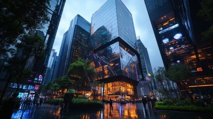 Fototapeta premium Dusk over a high-tech financial district filled with angular skyscrapers designed with chrome layering, transparent corridors, and embedded neon lighting 