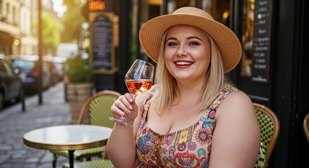 Plus size woman smiling while drinking wine at outdoor cafe table  