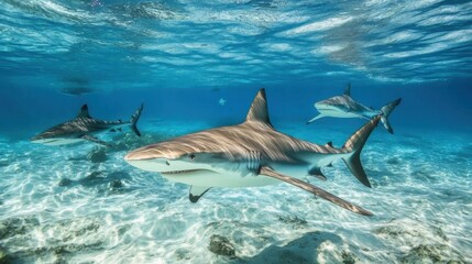 Obraz premium Caribbean reef shark under clear sea with sunlight.