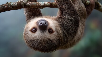 Sloth hanging upside down from branch