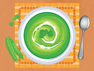 A plate of Split Pea soup top view vector illustration. Creamy green pea soup on a wooden table above view vector. Bowl of split pea soup on the table drawing