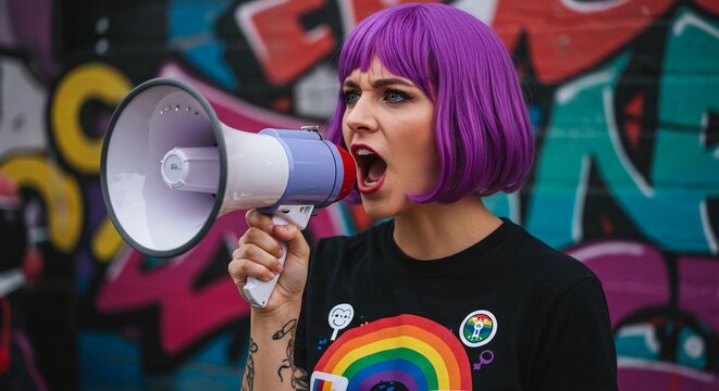 Young queer person shouting into a megaphone against a graffiti wall  
