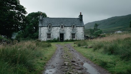 Rustic stone house, dirt road
