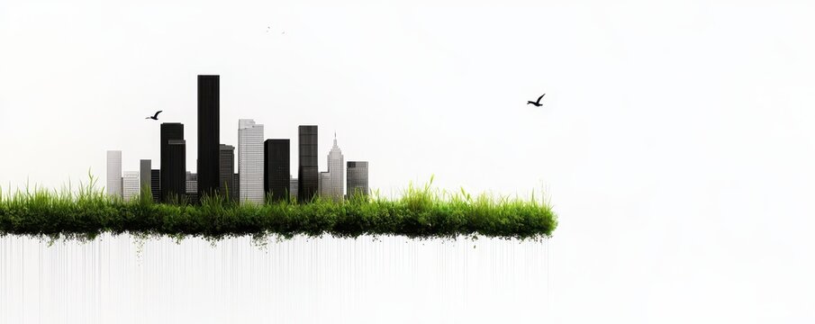 economy consumption trends concept. City skyline emerging from vibrant green grass, blending urban and natural elements beautifully.