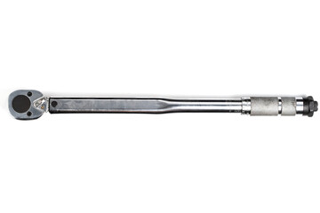 Torque wrench closeup from front on white background.