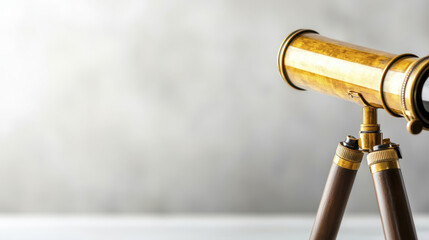 vintage telescope with polished brass finish, resting on wooden tripod, evokes sense of exploration and adventure
