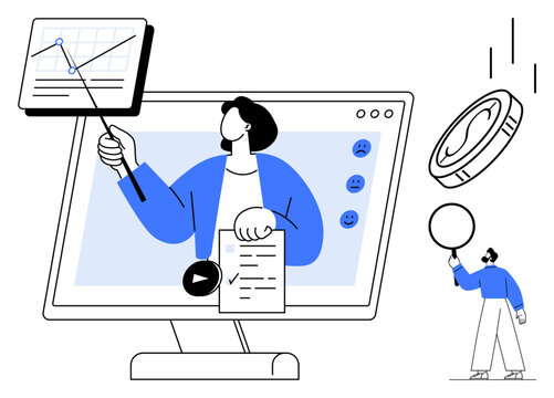 Digital trainer pointing at analytics chart on screen, holding document, coin toss, and collaborator holding balloon. Ideal for e-learning, data insights, teamwork, training, financial growth