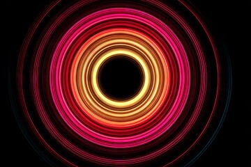 Abstract of concentric circles in neon shades overlapping to symbolize energy and expansion on a black background.
