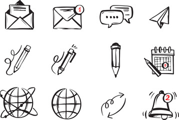Hand-drawn icon set of message writing, sending, receiving, and preparation. Incoming message. Sent message. Social media application icons.