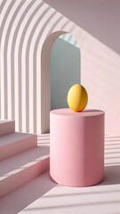 Minimal Abstract Yellow Sphere on Pink Cylinder in Soft Landscape