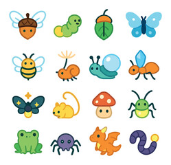 Nature and wildlife flat icon collection. animals, insects, and plant symbols set