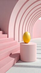 Minimal Abstract Yellow Sphere on Pink Cylinder in Soft Landscape