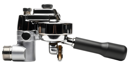 Espresso machine part replacement, portafilter head group, coffee maker part, shiny chrome, black handle on transparent background