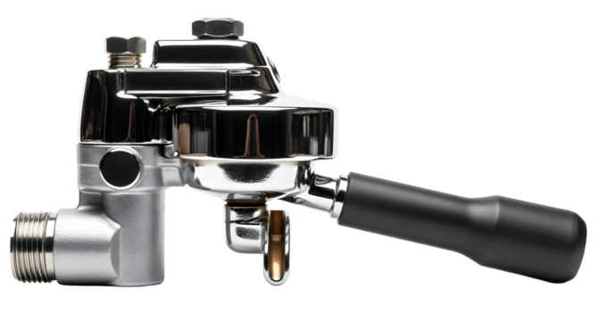 Espresso machine part replacement, portafilter head group, coffee maker part, shiny chrome, black handle on transparent background