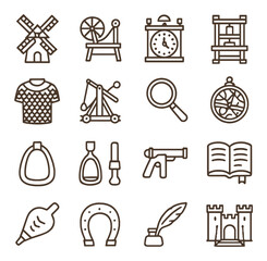 Fototapeta premium Medieval history linear style icon collection. ancient, historic visuals set