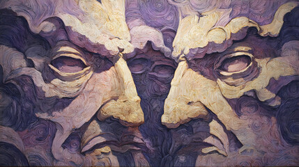 symbolic design for conceptual poetry | ego multiplicity | psychic unease | copper light and shadow purple | recursive frame composition | distorted faces | layered subconscious contrast | melting