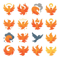 Phoenix icon collection in flat style: mythical bird, fire symbol, fantasy design