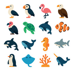 Naklejka premium Marine animal flat icon collection. ocean, sea life, and aquatic creatures set