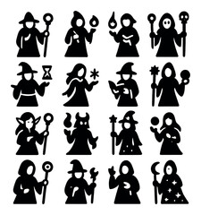 Dark magic icon collection: silhouette style with wizard, witch, and sorcery symbols