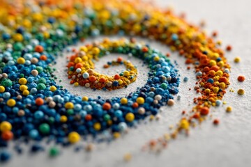 Spiral of colorful dots radiating from center against a white background representing creativity.