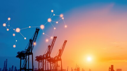 economy consumption trends concept. Industrial cranes silhouetted against a vibrant sunset with a digital connection overlay.