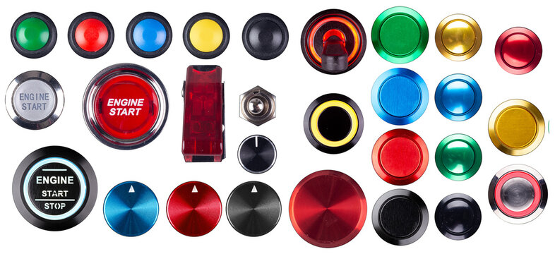 set collection of electronic momentary push engine start or control button and toggle switch or rotary encoder in various colors and shapes isolated white backgrtound. car boat biken industry concept.