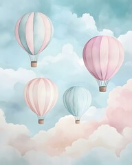 Fototapeta premium Watercolor skyline with hot air balloons and soft clouds