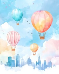 Fototapeta premium Watercolor skyline with hot air balloons and soft clouds