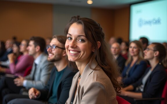 Happy female entrepreneur attending business seminar in conference hall and looking at camera. High quality