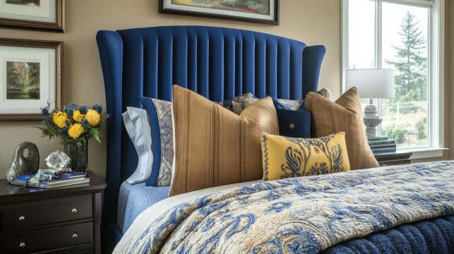 Elegant bedroom with navy blue headboard, gold and blue bedding, and yellow flowers