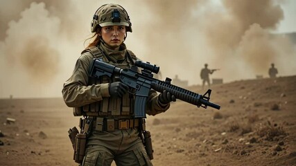 Female soldier in tactical gear holding assault rifle in dusty battlefield with distant figures and smoke. Concept of military action and bravery - Powered by Adobe