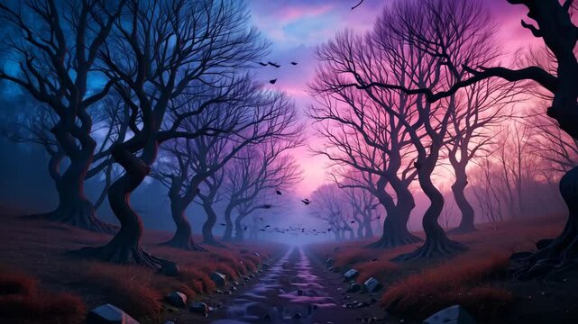 Mysterious path lined with twisted leafless trees under purple twilight sky, with birds flying across fading light. Surreal fantasy landscape concept