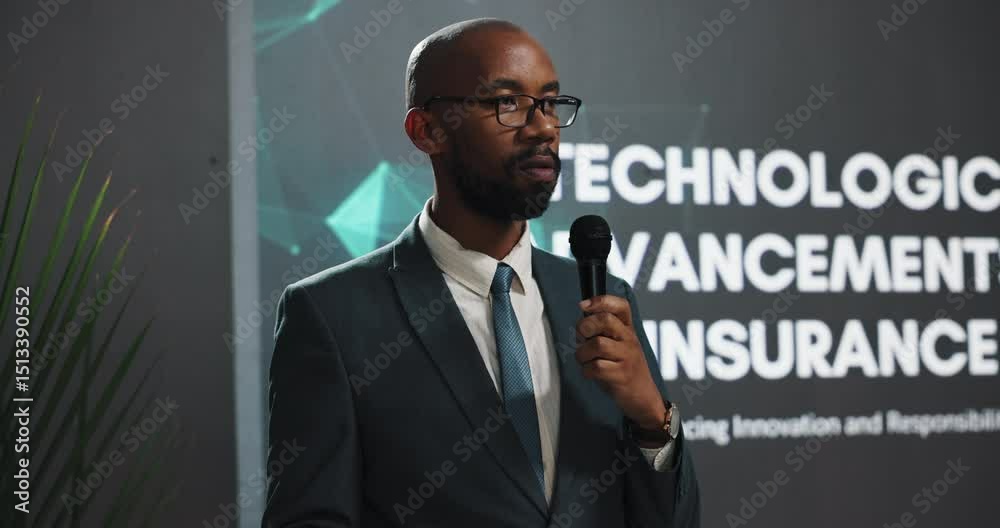 Aufkleber Presenter, black man and speech at conference event for technological advancements in insurance. Public speaking, presentation and live summit, automation pitch and claims process for fraud detection