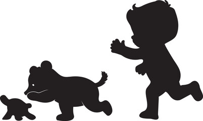 Silhouette Illustration of Child Chasing Bear Cubs on Black Background, Playful Childhood Memories, Joyful Outdoor Adventures, Vector Art © MDSHOFIQUL