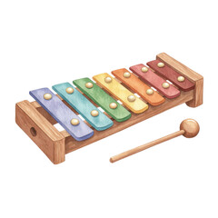 A colorful xylophone with wooden frame and mallet.