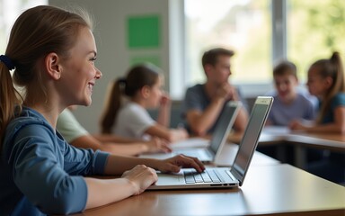 Teenage girl using laptop and raising her hand to ask question during computer class at high school. High quality