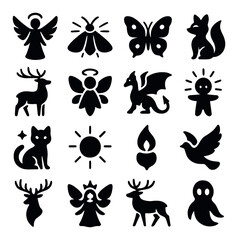 Fantasy and nature silhouette icon collection. mythical creatures and wildlife set