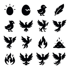 Fototapeta premium Phoenix and bird silhouette icon collection. mythical and avian creatures set