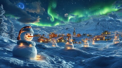 A festive Christmas scene featuring snowmen illuminated by vibrant aurora lights in a snowy landscape, A sleepy snowman village under the aurora borealis night sky, AI Generated