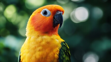 Vibrant sun conure parrot bird with bright yellow and orange feathers perched on a branch in natural tropical setting, capturing exotic wildlife and colorful avian beauty for nature and bird photograp