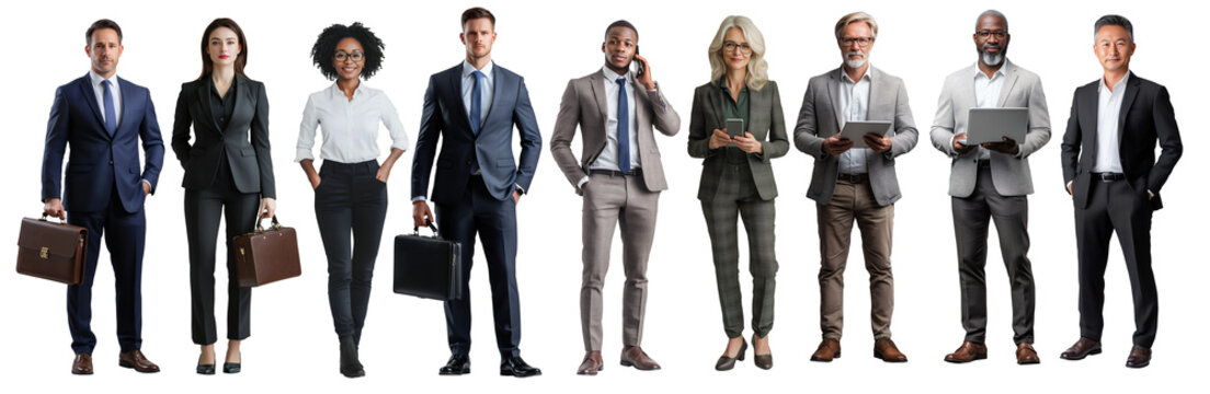 set collection of diverse group of business professional man and woman of all coleur posing confidently. Each individual holds briefcases or devices isolated on  white background