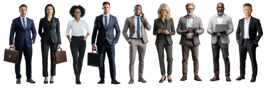 set collection of diverse group of business professional man and woman of all coleur posing confidently. Each individual holds briefcases or devices isolated on  white background