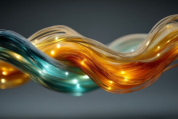 An abstract of twisting fiber optic cables glowing in different colors on a dark neutral background.