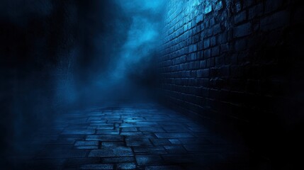 A dark, empty street with a dark blue background enveloped in fog and lit by a mysterious blue glow, creating an eerie atmosphere.